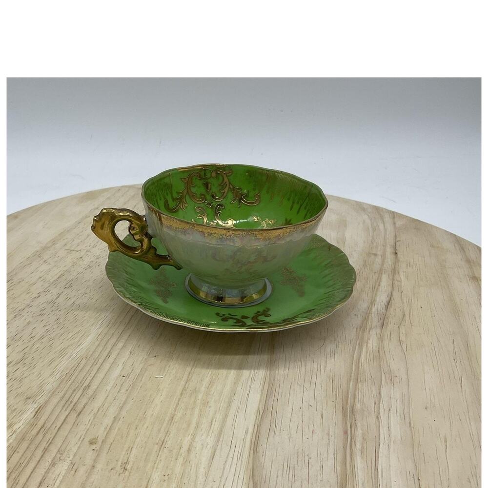 Royal Sealy China Green Luster Tea Cup Saucer Gold‎ Scrollwork Rococo VTG Rare